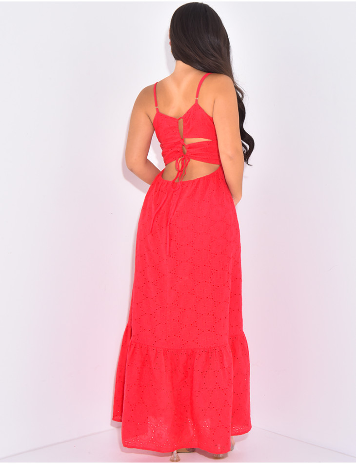 Robe longue évasée en dentelle à dos nu
