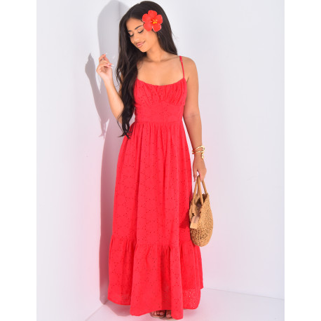Robe longue évasée en dentelle à dos nu