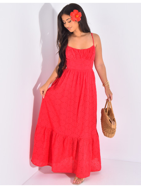 Robe longue évasée en dentelle à dos nu