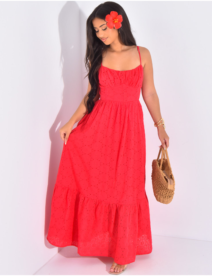Robe longue évasée en dentelle à dos nu