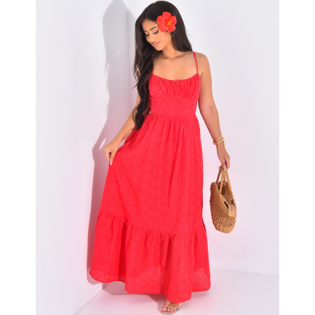 Robe longue évasée en dentelle à dos nu