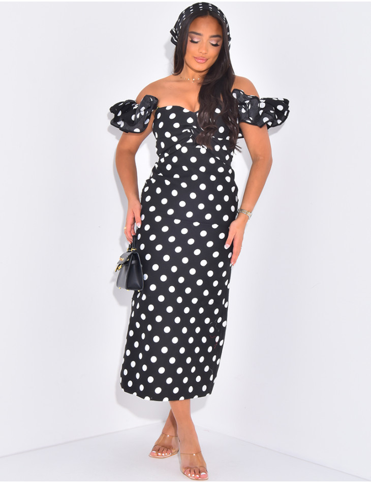 Bardot-neck maxi dress with polka dots and ruffles
