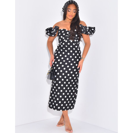 Bardot-neck maxi dress with polka dots and ruffles