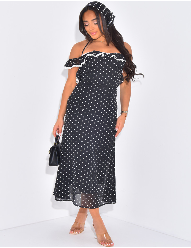 Robe col bardot à pois et volants