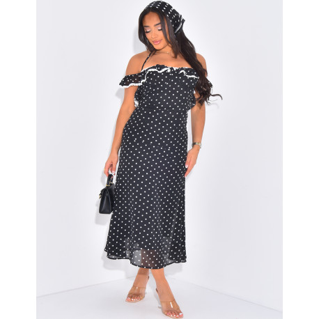 Robe col bardot à pois et volants