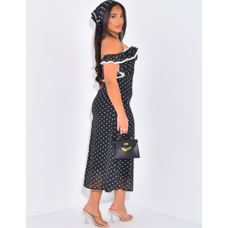 Robe col bardot à pois et volants