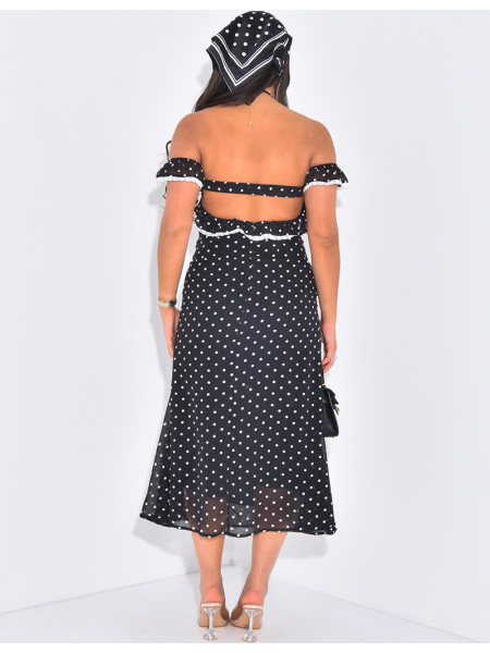Robe col bardot à pois et volants