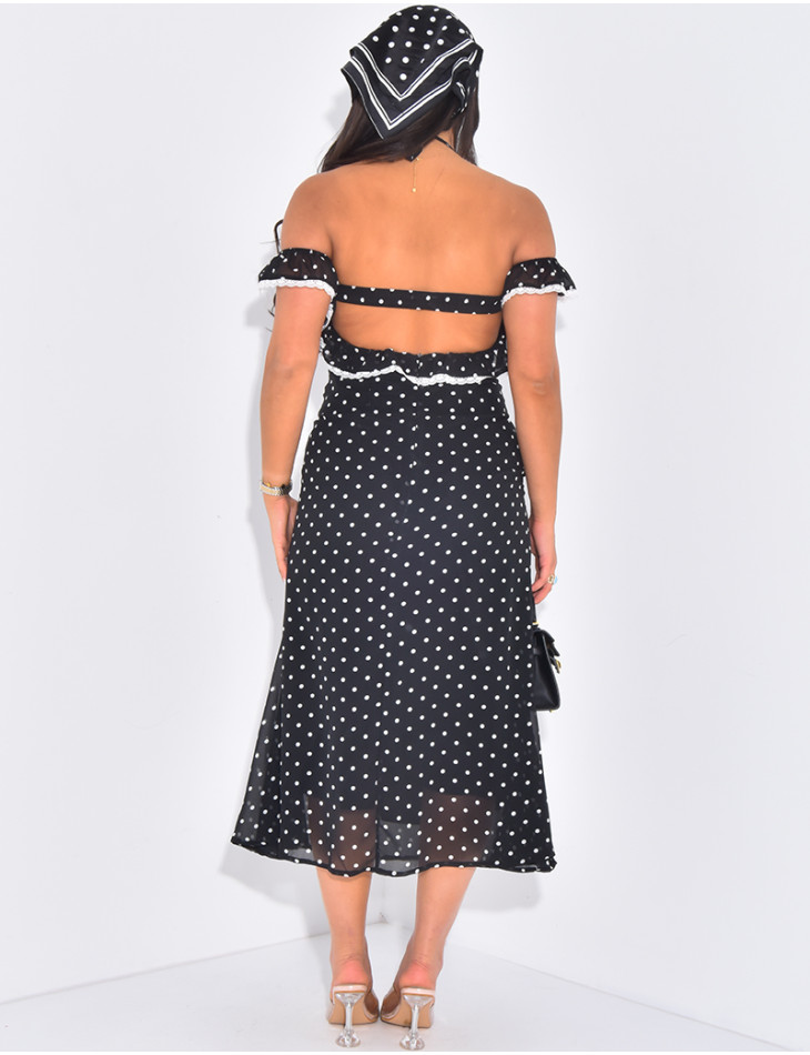 Robe col bardot à pois et volants
