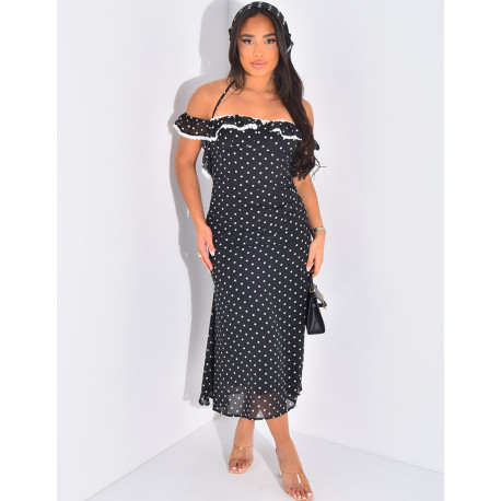 Bardot neck dress with polka dots and ruffles