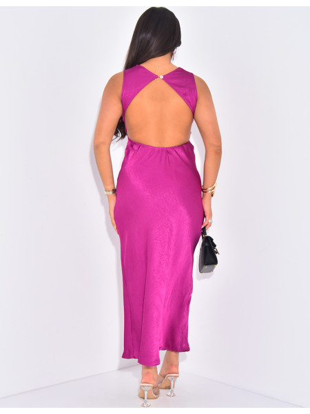 Robe longue sans manche en satin à col drapé