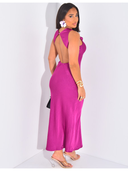 Robe longue sans manche en satin à col drapé