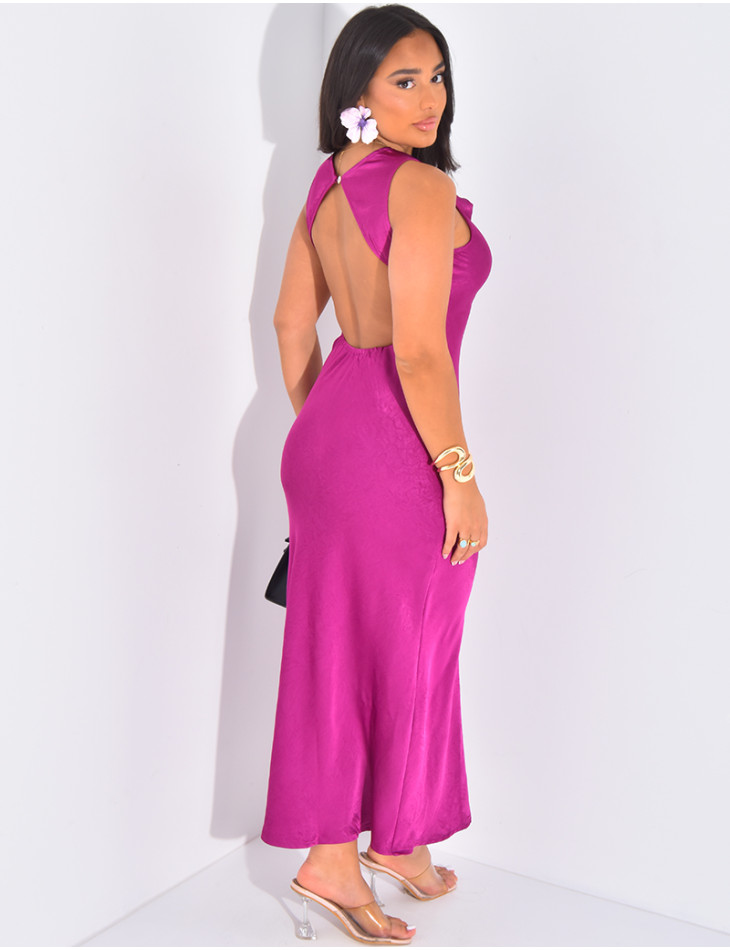 Robe longue sans manche en satin à col drapé