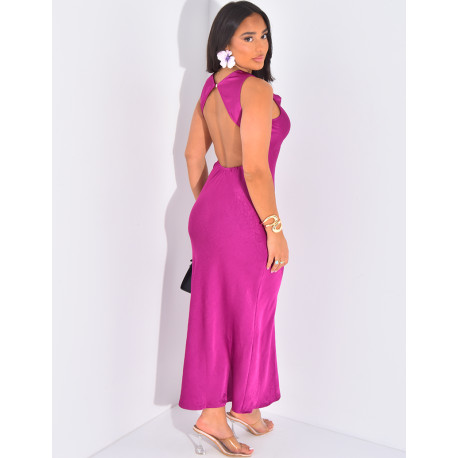 Robe longue sans manche en satin à col drapé
