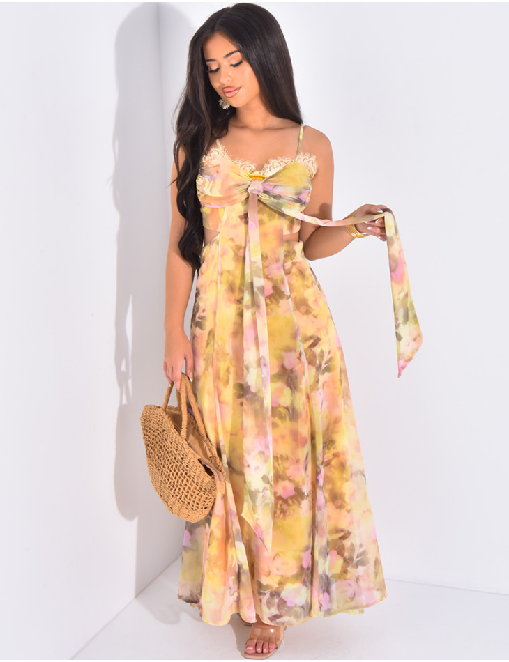Long dress in voile with openwork floral motif at waist