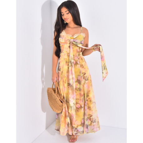 Long dress in voile with openwork floral motif at waist