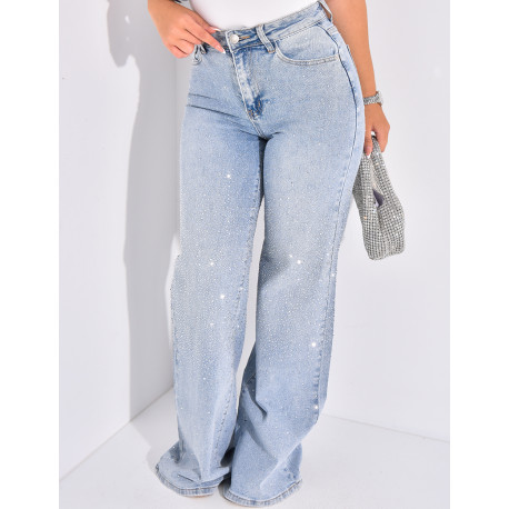 Jeans coupe large taille haute à strass recto/verso