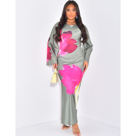 Robe longue en satin à fleurs imprimées