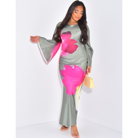 Robe longue en satin à fleurs imprimées