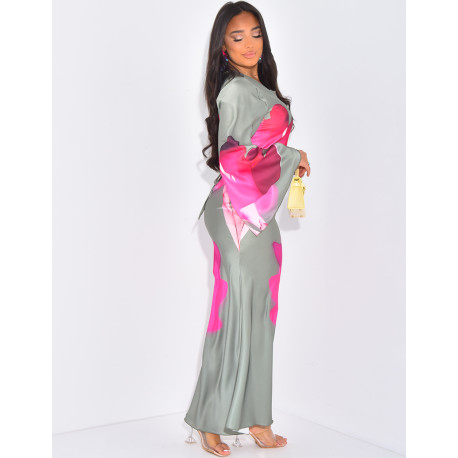 Robe longue en satin à fleurs imprimées