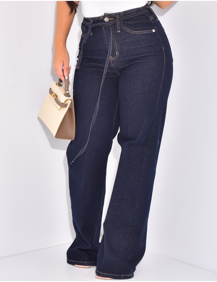 Wide-leg raw jeans with waistband