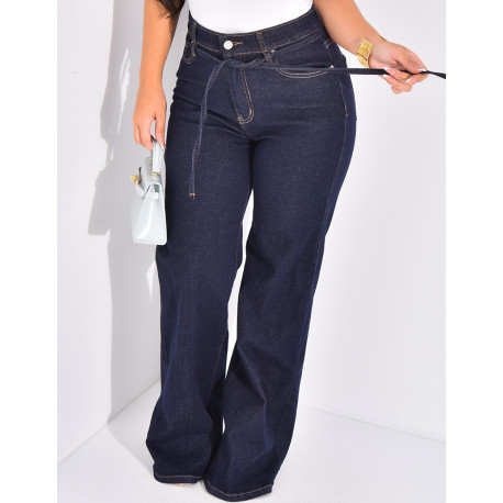 Wide-leg raw jeans with waistband
