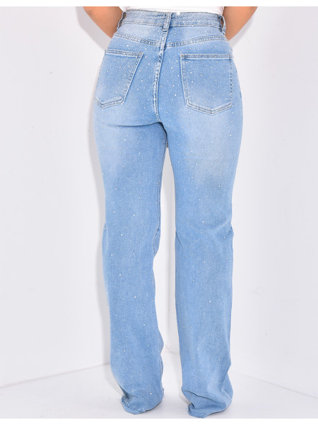 Jeans coupe droite taille haute à strass recto/verso