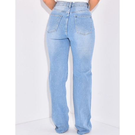 Jeans coupe droite taille haute à strass recto/verso