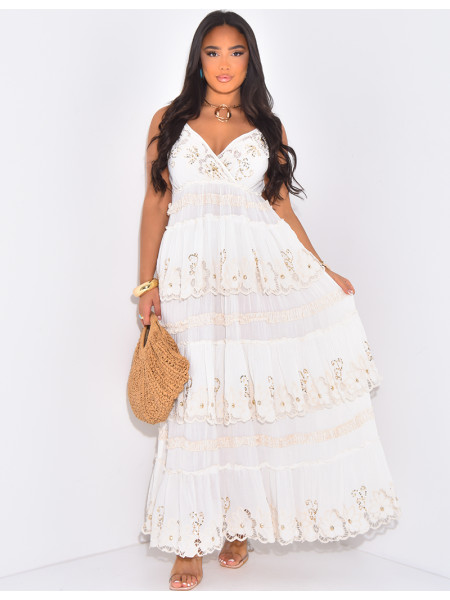 Bohemian long dress with ruffles and embroidery