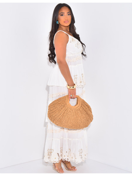 Bohemian long dress with ruffles and embroidery