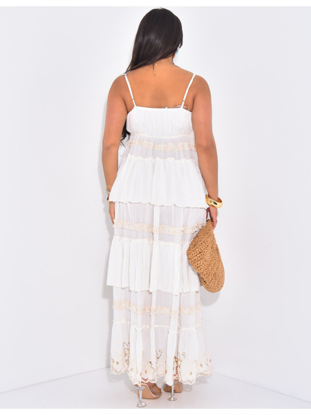 Bohemian long dress with ruffles and embroidery