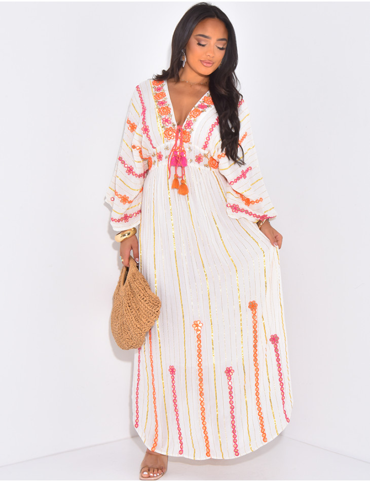 Bohemian long dress with ruffles and embroidery
