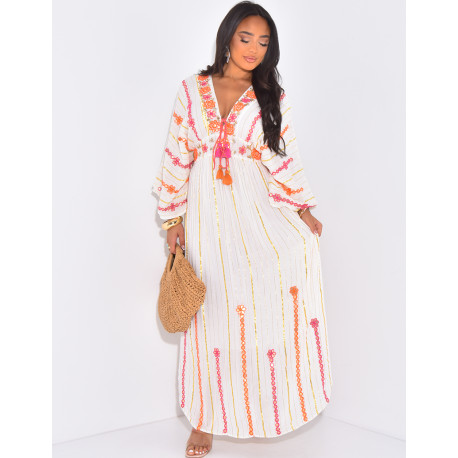 Bohemian long dress with ruffles and embroidery