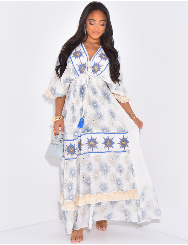 Bohemian long dress with embroidery and pearls