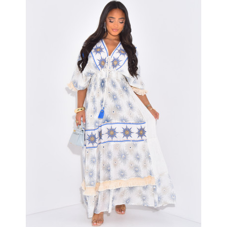 Bohemian long dress with embroidery and pearls
