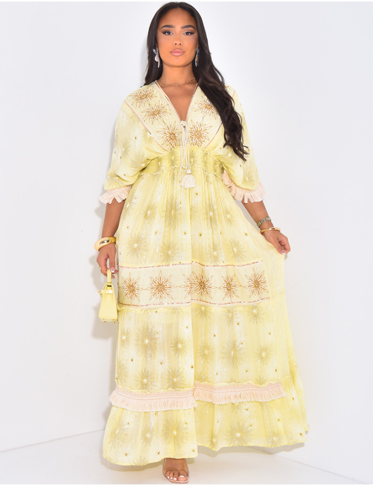 Robe bohème longue à broderies et perles