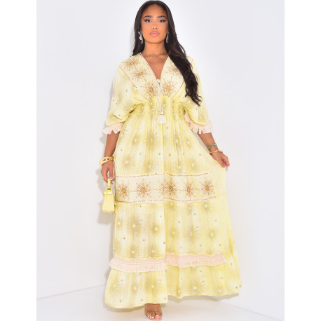 Robe bohème longue à broderies et perles