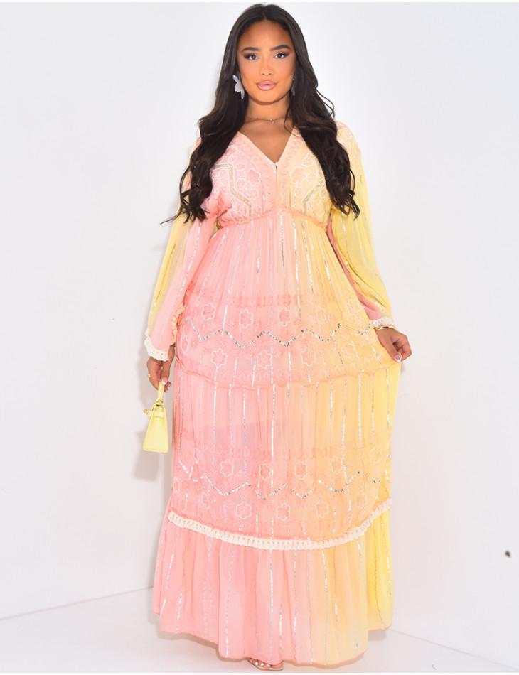 Bohemian long dress with embroidery and pearls