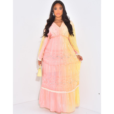 Bohemian long dress with embroidery and pearls