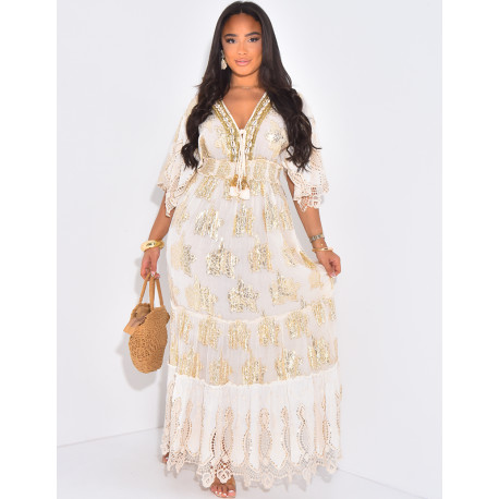 Bohemian long dress with embroidery and pearls
