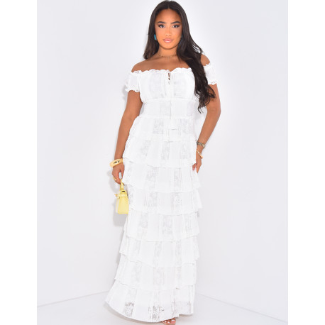 Off-the-shoulder long dress with lace ruffles
