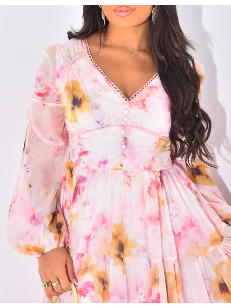 Kleid aus geblümtem Voile mit Stickereien