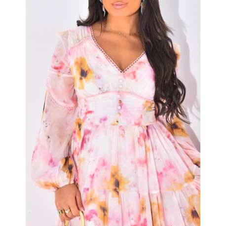 Kleid aus geblümtem Voile mit Stickereien