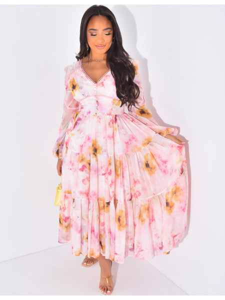 Kleid aus geblümtem Voile mit Stickereien