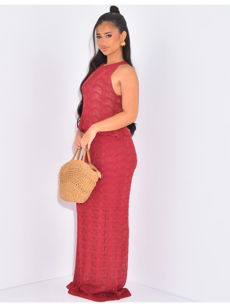 Gehäkeltes Ensemble aus langem Rock und Rüschentop