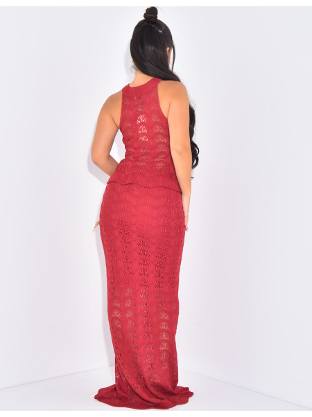 Gehäkeltes Ensemble aus langem Rock und Rüschentop