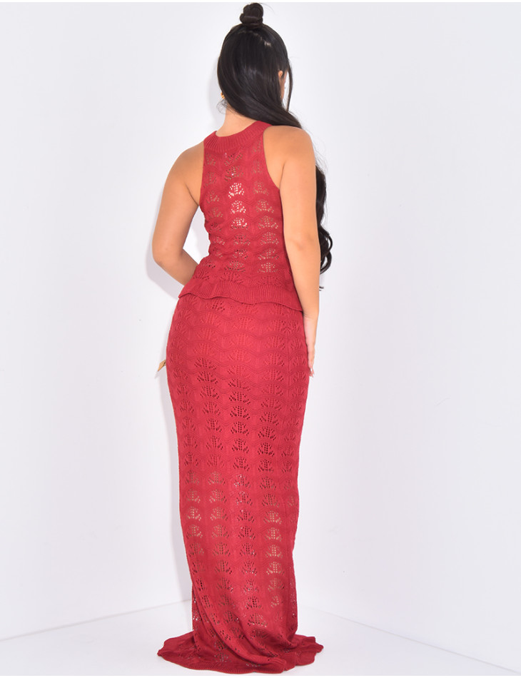 Gehäkeltes Ensemble aus langem Rock und Rüschentop