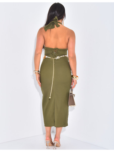 Langes Neckholder-Kleid aus Leinen