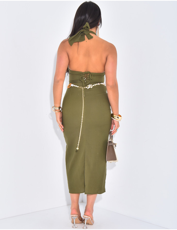 Langes Neckholder-Kleid aus Leinen