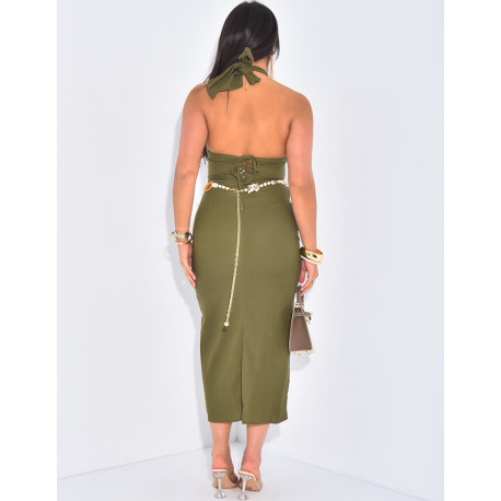 Langes Neckholder-Kleid aus Leinen