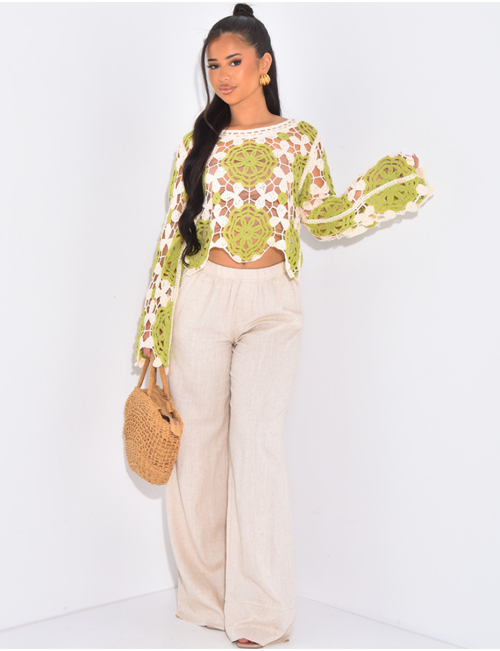 Pull court en crochet ajouré